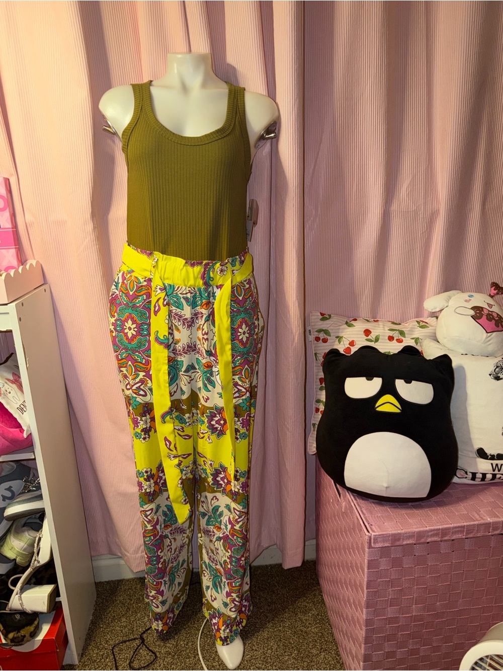 Olive Rib Tank with Yellow Floral Tie-Waist jumper 2 pc